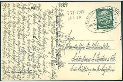 6 pfg. Hindenburg på brevkort (Havneparti fra Rostock) annulleret med bureaustempel Berlin - Warnemünde Bahnpost Zug 78-5084 d. 28.9.1937 til Zwickau.