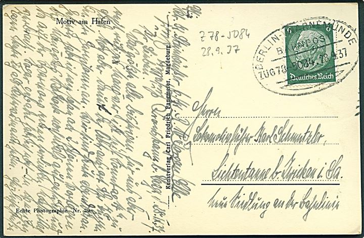 6 pfg. Hindenburg på brevkort (Havneparti fra Rostock) annulleret med bureaustempel Berlin - Warnemünde Bahnpost Zug 78-5084 d. 28.9.1937 til Zwickau.