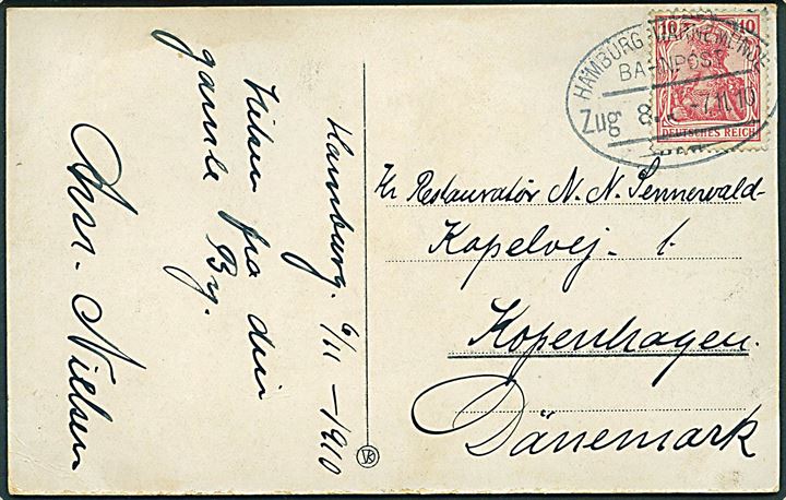 10 pfg. Germania på brevkort fra Hamburg annulleret med bureaustempel Hamburg - Warnemünde Bahnpost Zug 8 d. 7.11.1910 til København, Danmark.