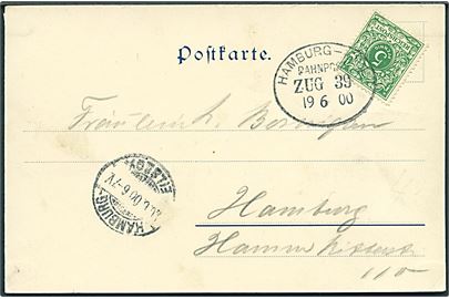 5 pfg. Ciffer på brevkort (Tysk Korsør-Kiel damper) skrevet ombord på S/S Prinz Adalbert og annulleret med bureaustempel Hamburg - Kiel Bahnpost Zug 39 d. 19.6.1900 til Hamburg.