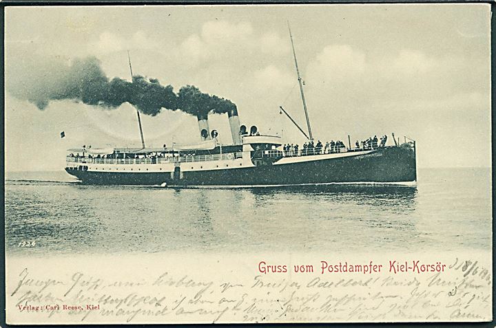 5 pfg. Ciffer på brevkort (Tysk Korsør-Kiel damper) skrevet ombord på S/S Prinz Adalbert og annulleret med bureaustempel Hamburg - Kiel Bahnpost Zug 39 d. 19.6.1900 til Hamburg.