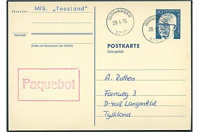 Tysk 50 pfg. helsagsbrevkort annulleret med norsk stempel i Gudvangen d. 28.1.1976 og sidestemplet Paquebot til Langenfeld, Tyskland. Fra M/S Teesland.