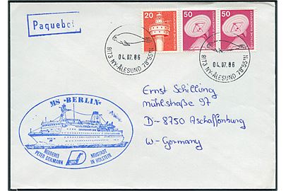 120 pfg. på skibsbrev annulleret med norsk stempel i Ny-Ålesund d. 4.7.1986 og sidestemplet Paquebot til Aschaffenburg, Tyskland. Skibsstempel fra M/S Berlin.