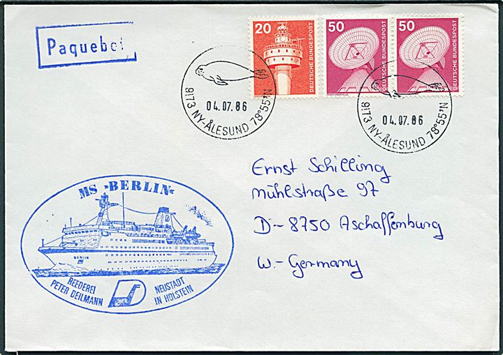 120 pfg. på skibsbrev annulleret med norsk stempel i Ny-Ålesund d. 4.7.1986 og sidestemplet Paquebot til Aschaffenburg, Tyskland. Skibsstempel fra M/S Berlin.