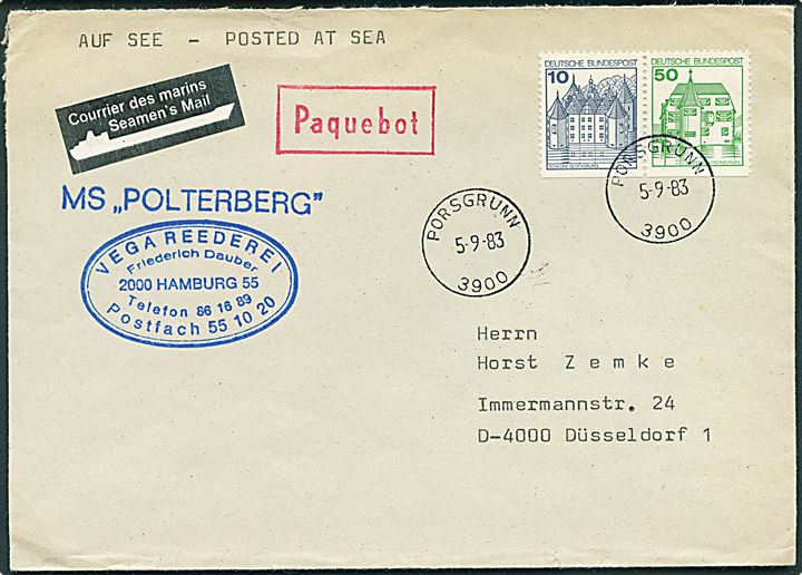 60 pfg. på brev annulleret med norsk stempel i Porsgrunn d. 5.9.1983 og sidestemplet Paquebot til Düsseldorf, Tyskland. 2-sproget Seaman's Mail label. Fra M/S Polterberg.