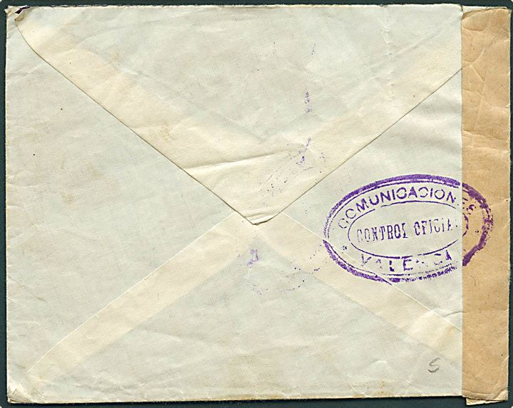 50 cts. frankostempel på brev fra Valencia d. 30.3.1937 til Paturage, Belgien. Åbnet af lokal spansk censur i Valencia. Frankostemplet benyttet på post fra medlemmer af de Internationale Brigader i Spanien.