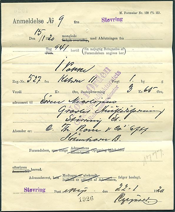 Nødadressebrev - M. Formular Nr. 138 (6/1 15) mærket Postsag fra Støvring d. 22.1.1920 til Kjøbenhavn B.
