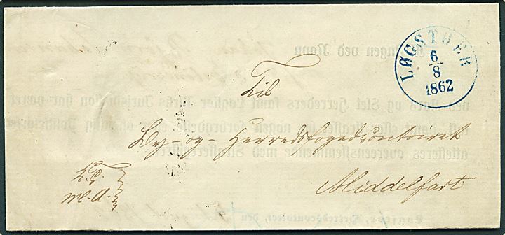 1862. Ufrankeret tjenestebrev med straffeattest mærket K.T.m.A. og BLÅT antiqua Løgstør d. 6.8.1862 via Aalborg til Middelfart.