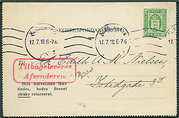 5 øre Tjenestemærke på lokalt korrespondancekort fra Københavns Overpræsidium stemplet Kjøbenhavn d. 17.7.1918. Retur med flere påtegninger.