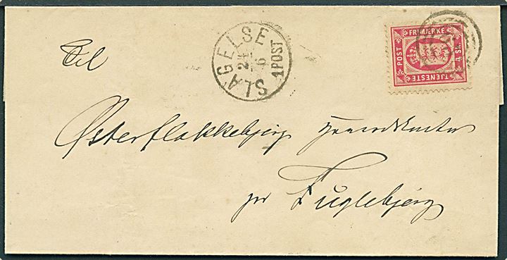 4 sk. Tjenestemærke på brev annulleret med nr.stempel 65 og sidestemplet lapidar Slagelse d. 24.6.187x til Fuglebjerg.