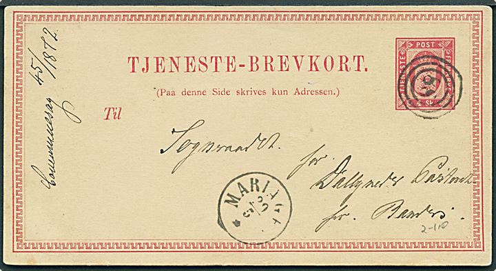 4 sk. helsags-tjenestebrevkort annulleret med nr.stempel 88 og sidestemplet antiqua Mariager d. 20.5.1872 til Dalbynedre Pastorat pr. Randers.