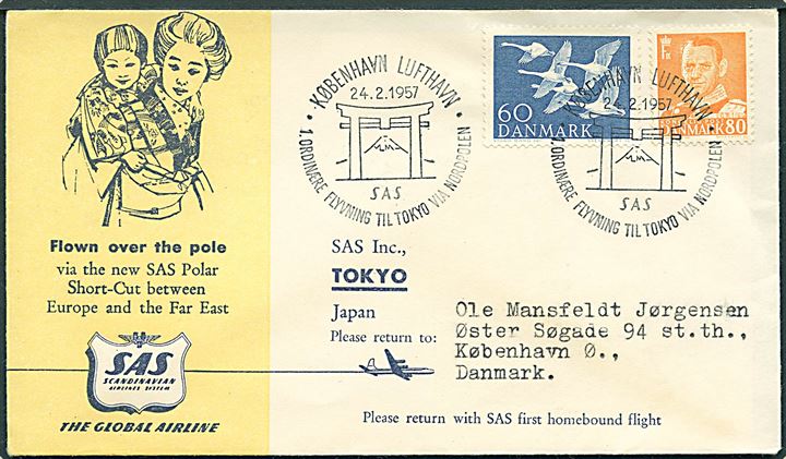 60 øre Nordens Dag og 80 øre Fr. IX på SAS førsteflyvnings kuvert fra København Lufthavn d. 24.2.1957 via Nordpolen til Tokyo, Japan.