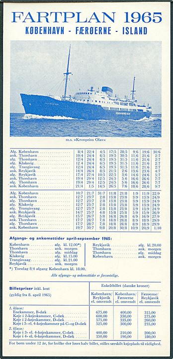 Fartplan 1965 for DFDS ruten København - Færøerne - Island.