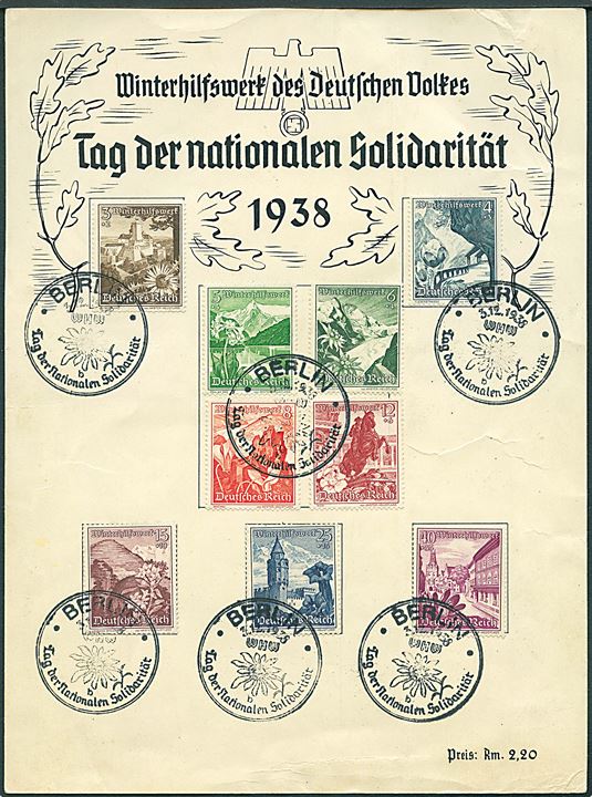 Winterhilfswerk 1938. Souvenir-ark med komplet sæt stemplet i Berlin d. 3.12.1938.