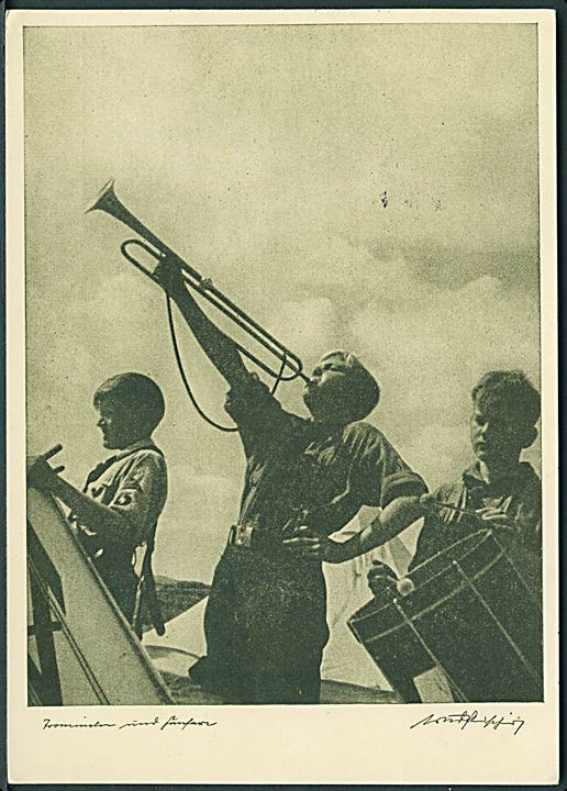 Propaganda. Drenge med trommer og horn. Uadresseret Sudetenland kort med tjekkisk 5 h. stemplet Asch d. 30.9.1938.