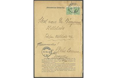 5 øre Chr. X i parstykke på Afsender Erklæring P. Form. Nr. 8 (17/2 17) stemplet Kjøbenhavn 10 d. 15.5.1918 for uanbringelig pakke til Hellebæk. Slidt i højre side.