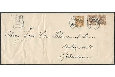 3 aur og 16 aur i par To Konger på 35 aur frankeret anbe-falet brev fra Reykjavik d. 10.2.1910 til København, Danmark. Ank. d. 24.2.1910. Lodret fold.