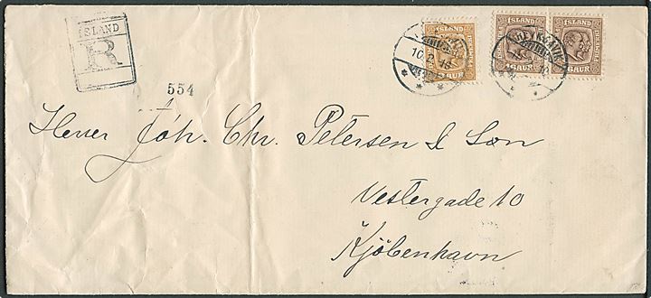3 aur og 16 aur i par To Konger på 35 aur frankeret anbe-falet brev fra Reykjavik d. 10.2.1910 til København, Danmark. Ank. d. 24.2.1910. Lodret fold.