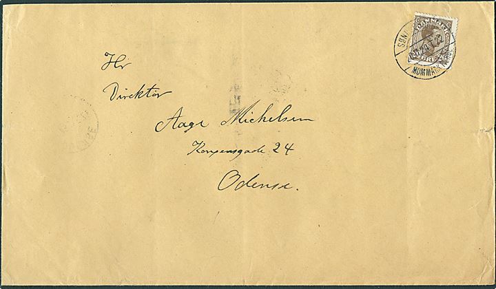 20 øre Chr. X på stor kuvert fra Sønderborg annulleret med bureaustempel Sønderborg - Mommark Færge T.22 d. 20.11.1924 til Odense. 