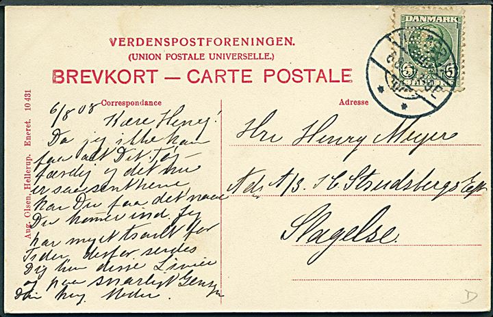 Hellerup, Onsgaard. Aug. Olsens no. 10431. Frankeret med 5 øre Fr. VIII med perfin M&Co (S.N.Meyer & Co.) fra Hellerup d. 6.8.1908 til Henry Meyer i København.