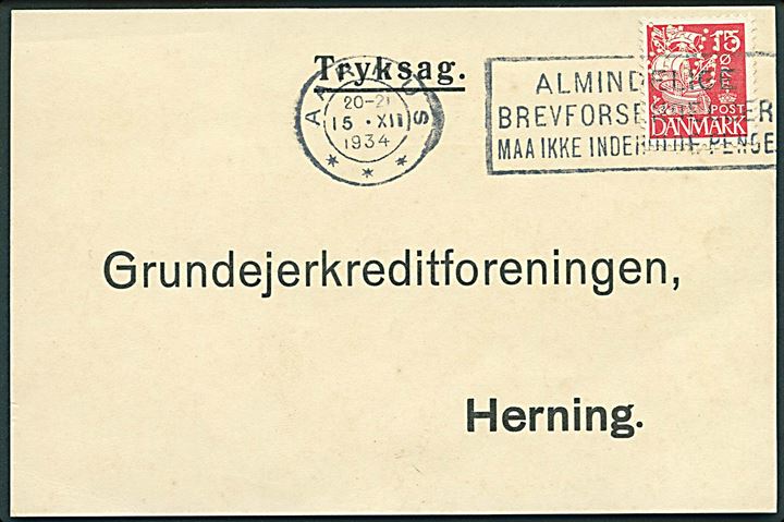 15 øre Karavel med perfin JAR (Jul. Jarding) på tryksagskort fra København d. 15.12.1934 til Herning.