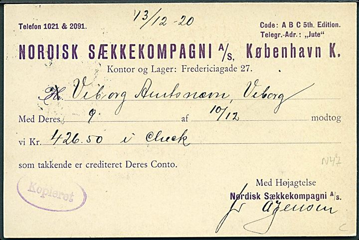 10 øre Genforening med perfin N.S. på tryksagskort fra Nordisk Sækkekompagni A/S i Kjøbenhavn d. 13.12.1920 til Viborg.