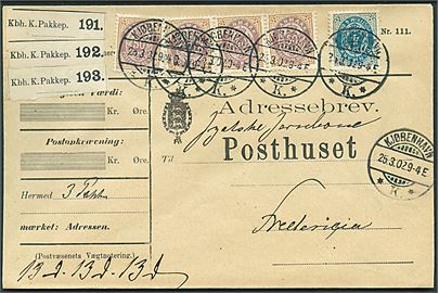 4 øre omv. rm. og 50 øre 9. tryk (4) Tofarvet på 204 øre frankeret adressebrev for 3 pakker fra Kjøbenhavn d. 25.3.1902 til Fredericia. 