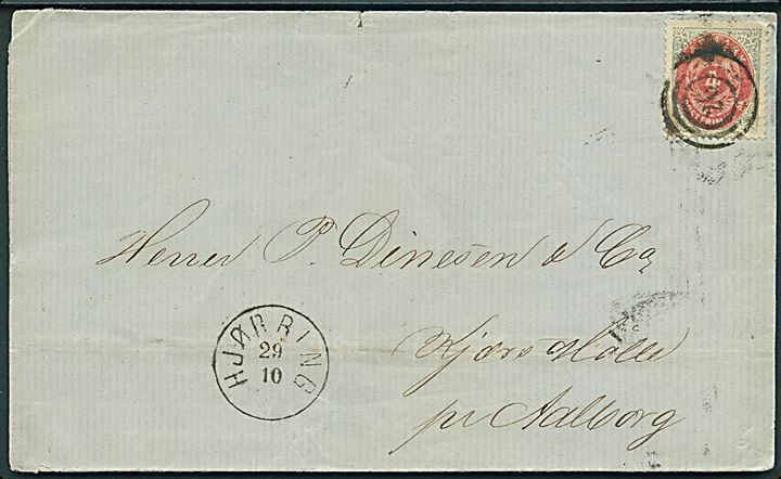 4 sk. Tofarvet på brev annulleret med nr.stempel 26 og sidestemplet lapidar Hjørring d. 29.10.1873 til Kjærs Mølle pr. Aalborg.