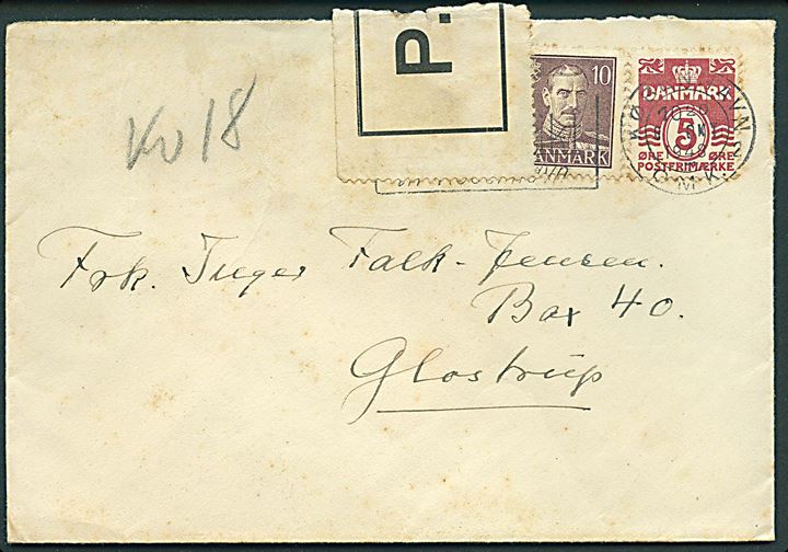 5 øre Bølgelinie og 10 øre Chr. X på brev fra København d. 6.10.1948 til indsat kvinde adresseret Postboks 40, Glostrup. Censurbanderole P.H. (= Psykopatanstalten i Herstedvester).