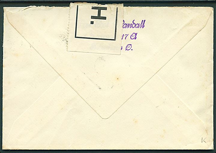 5 øre Bølgelinie og 10 øre Chr. X på brev fra København d. 6.10.1948 til indsat kvinde adresseret Postboks 40, Glostrup. Censurbanderole P.H. (= Psykopatanstalten i Herstedvester).