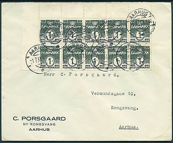 1 øre Bølgelinie i 10-blok på uofficiel FDC sendt som lokalbrev i Aarhus d. 1.7.1933.