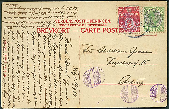 2 øre Bølgelinie og 5 øre Chr. X på brevkort fra Hillerød d. 12.9.1919 til Ordrup. Flere stempler: Dansk Børnepost.