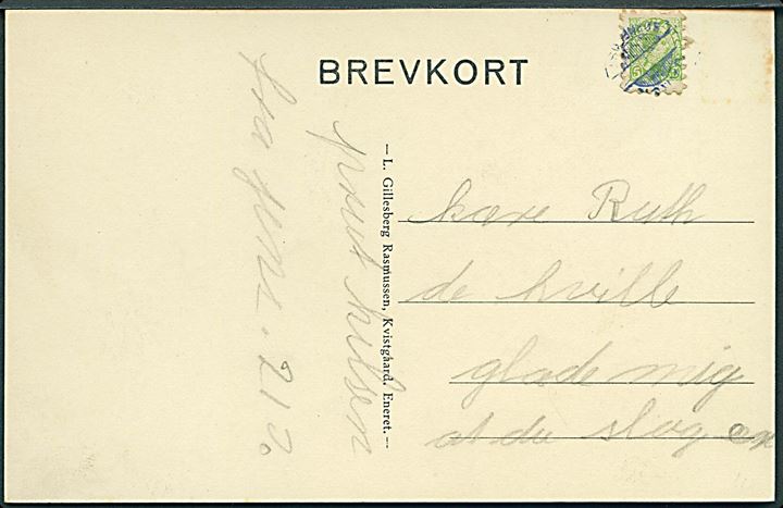 5 øre Chr. X Børnepostmærke på brevkort (Parti fra Kvistgaard) annulleret med violet stempel Dansk Børnepost.