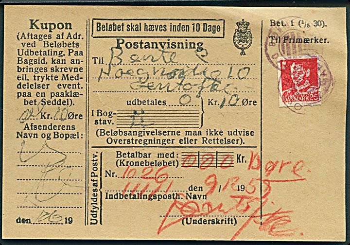 25 øre Fr. IX Børnepostmærke på lille Postanvisning dateret d. 9.12.1955 stemplet Dansk Børnepost.