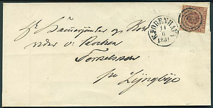 4 R.B.S. Ferslew med fuld rand på brev annulleret med stumt stempel og sidestemplet antiqua Kjøbenhavn d. 14.6.1851 til Terkelskov pr. Lyngbÿe.