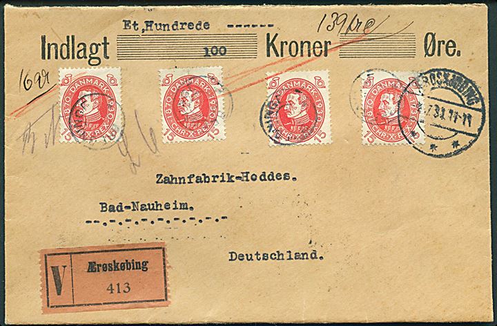15 øre Chr. X 60 år (4) på værdibrev annulleret med udslebet stjernestempel BREJNINGE og sidestemplet Ærøskjøbing d. 4.7.1931 til Bad-Nauheim, Tyskland.