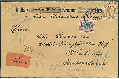 50 øre og 1 kr. Chr. X på værdibrev fra Kjøbenhavn d. x.5.1922 til Wiesbaden, Tyskland.