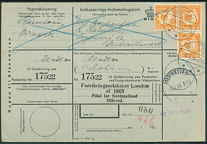 10 øre H. C. Andersen (3) på retur indkasserings-indbetalingskort fra Hillerød d. 8.6.1936 til Frederikssund.