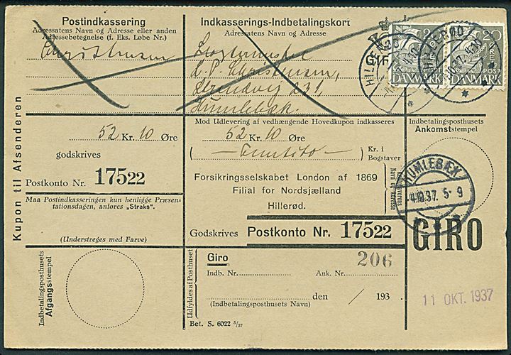20 øre Karavel i parstykke på retur Indkasserings-Indbetalingsbort fra Hillerød d. 4.10.1937 til Humlebæk.