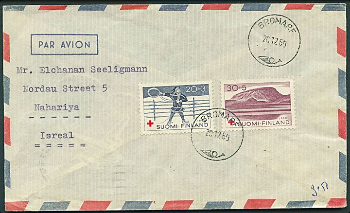20+3 pen. og 30+5 pen. Røde Kors på luftpostbrev fra Bromarf d. 26.12.1960 til Nahariya, Israel.