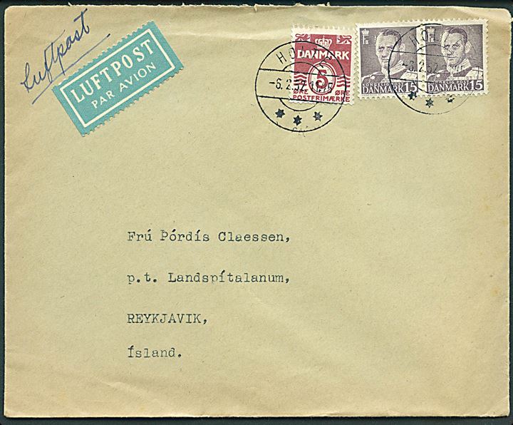5 øre Bølgelinie og 15 øre Fr. IX i parstykke på luftpostbrev fra Holte d. 6.2.1952 til Reykjavik, Island.