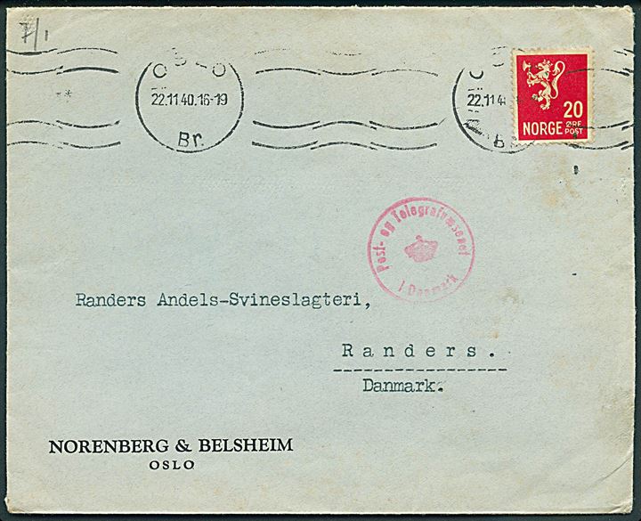 20 øre Løve på brev fra Oslo d. 22.11.1940 til Randers, Danmark. Åbnet af tysk censur i Oslo og passér stemplet ved censuren i København.