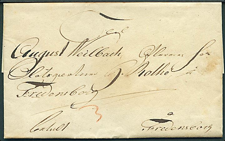 1840'erne. Francobrev påskrevet Betalt fra Kjøbenhavn i 1840'erne til August Weilbach. Påskrevet Afleveres hos Slotsgartner Rothe i Fredensborg. 