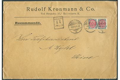 12 øre Tofarvet omv. rm. i vandret parstykke på stort anbefalet brev fra Kjøbenhavn d. 4.12.1899 til Skive.