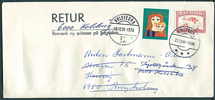 1,60 kr. Flyvning og UTAKKET Julemærke 1981 på brev fra Kolding d. 20.12.1981 til Ringkøbing - eftersendt til Holstebro og retur til Kolding.