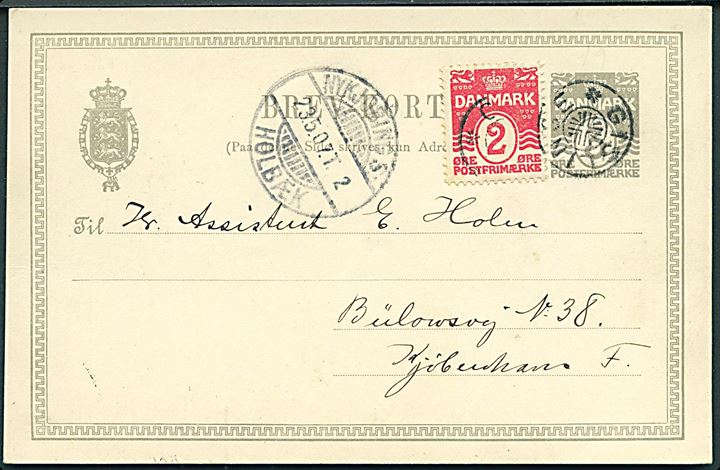 3 øre helsagsbrevkort opfrankeret med 2 øre Bølgelinie annulleret med stjernestempel GISLINGE og sidestemplet Nykjøbing S. - Holbæk T.2 d. 23.5.1907 til Kjøbenhavn.