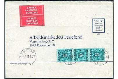 Sverkuvert med 4 kr. Ciffer i 3-stribe sendt som ekspres fra Billingstad d. 27.8.1986 til København, Danmark. Flere stempler på bagsiden.