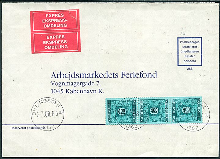 Sverkuvert med 4 kr. Ciffer i 3-stribe sendt som ekspres fra Billingstad d. 27.8.1986 til København, Danmark. Flere stempler på bagsiden.