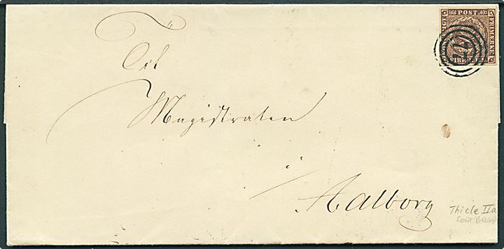 4 R.B.S. Thiele IIa sortbrun på brev annulleret med nr.stempel 77 og på bagsiden sidestemplet antiqua Viborg d. 25.2.1854 til Aalborg.