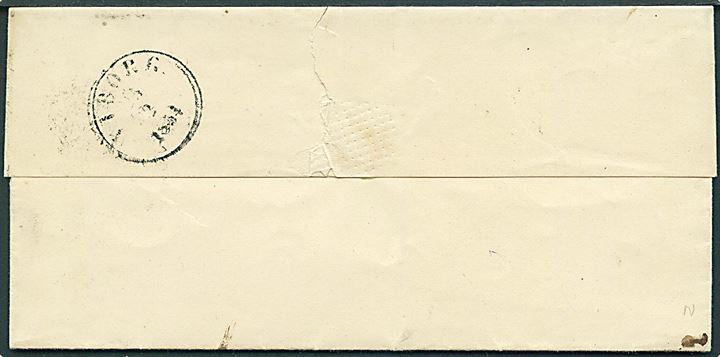 4 R.B.S. Thiele IIa sortbrun på brev annulleret med nr.stempel 77 og på bagsiden sidestemplet antiqua Viborg d. 25.2.1854 til Aalborg.